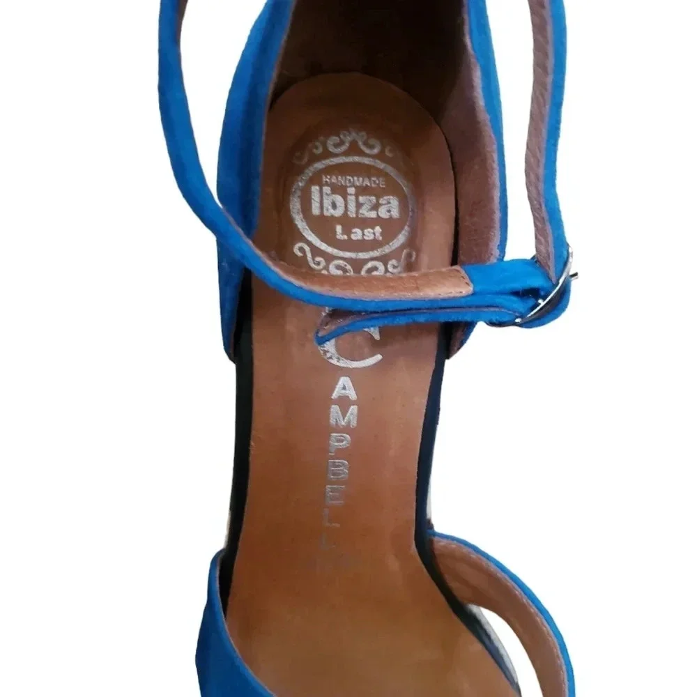 JEFFREY CAMPBELL BLUE CROCHET WEDGE PLATFORM SANDALS, SIZE 7.5
